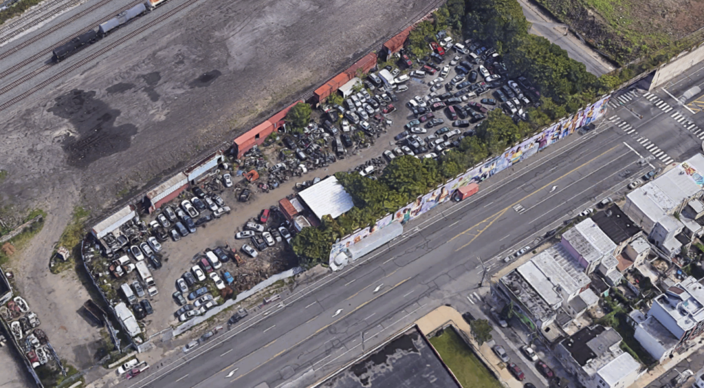 Aerial view of 2157 E. Lehigh Ave. with freight tracks to the north