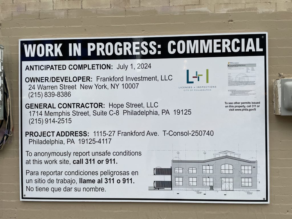 1115-27 Frankford Ave construction sign